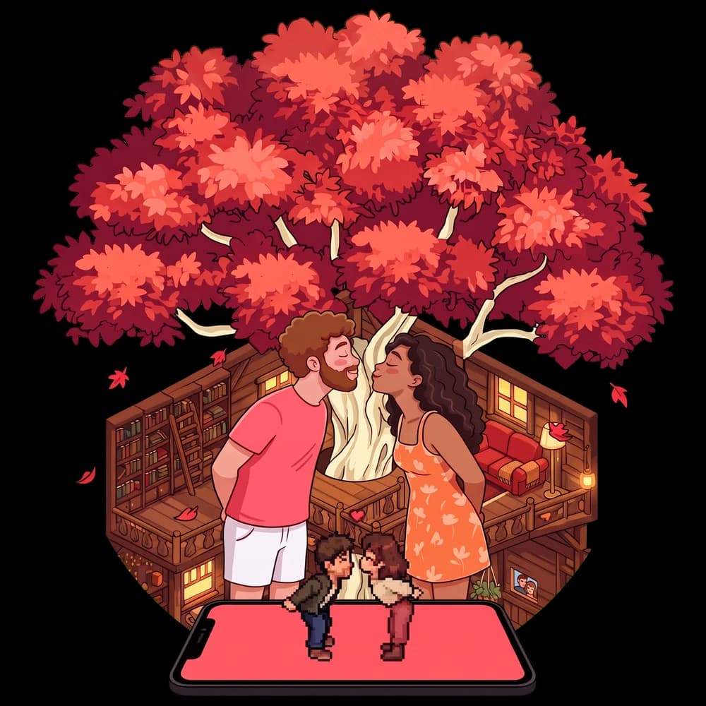 A couple about to kiss in front of their treehouse, and on the phone their avatars too